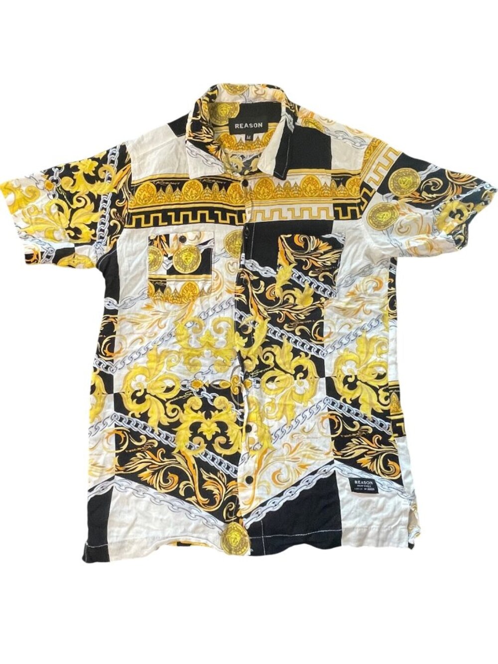 Reason Mens Patterned Button-Up Shirt With Gold & Black Medallion Design Size M - Picture 1 of 11